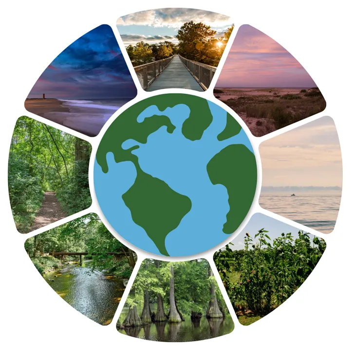 Earth illustration surrounded by diverse natural landscapes