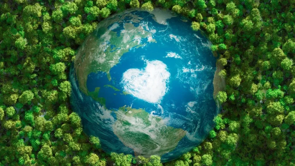 Earth surrounded by lush green forest canopy