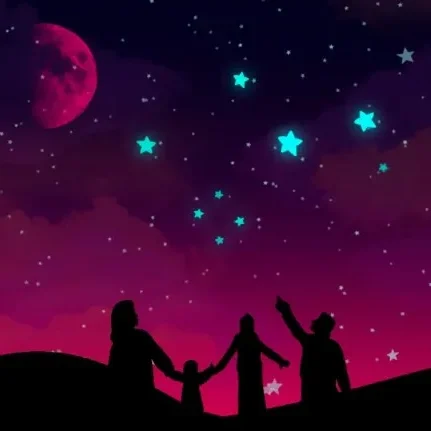 Family silhouettes under colorful starry night sky