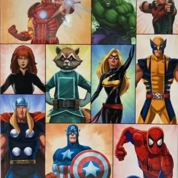 Collage of Marvel superheroes in colorful grid
